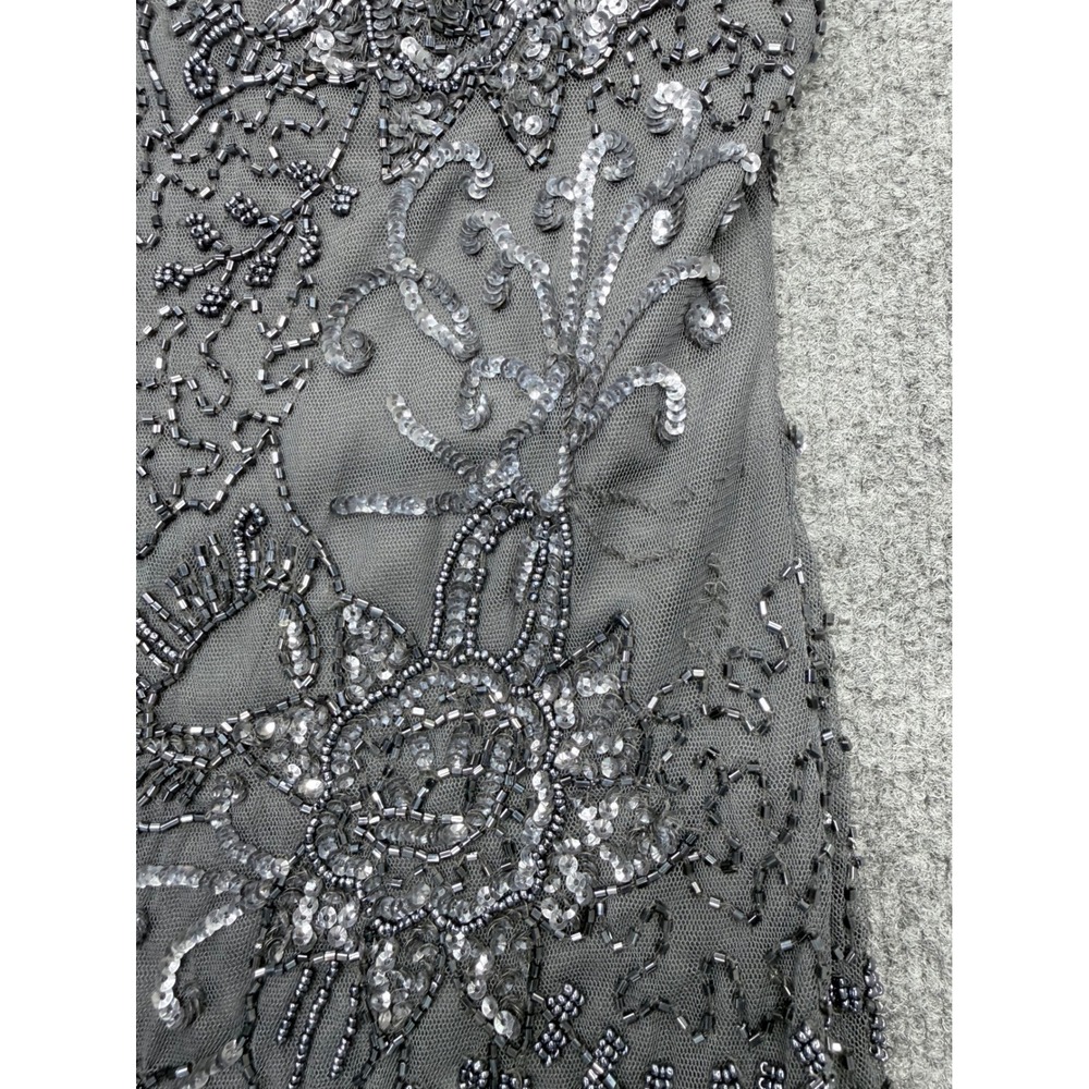 Pisarro‎ Nights Womens Size 12 Beaded Floral Mesh Dress Grey V-Neck 3/4 Sleeve - Picture 7 of 10